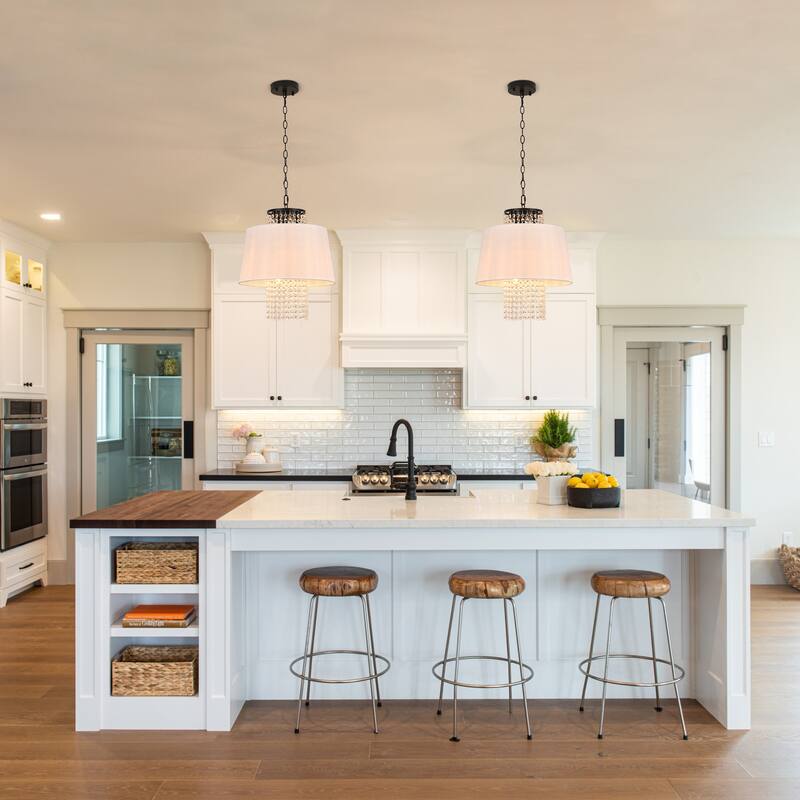 Contemporary 3 - Light Chandelier, White Fabric Shade and Crystal Drops, Black Chain - Matte Black