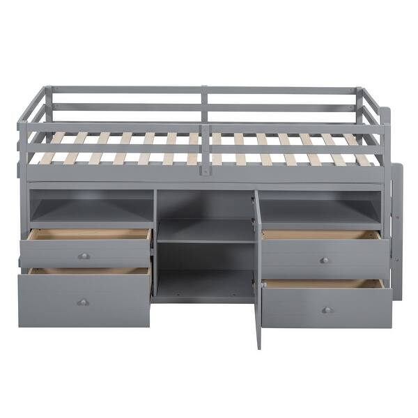 slide 2 of 9, Space-saving Twin Size Loft Bed with 4 Drawers, Platform Bed with Underneath Cabinet, Wooden Bed with Shelves, Espresso Grey