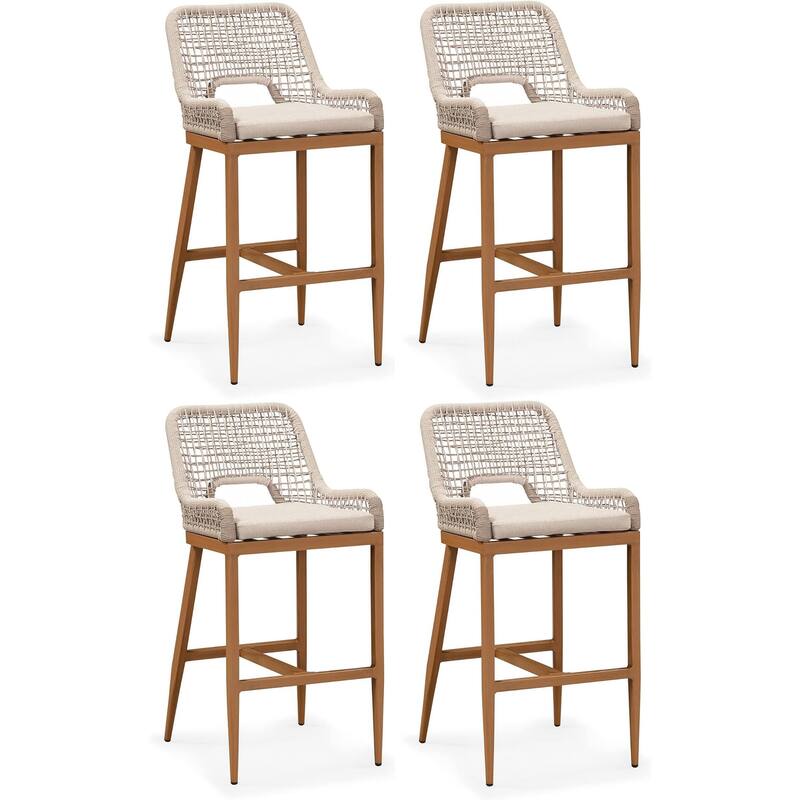 PURPLE LEAF Bar Stools Set of 4 Outdoor Bar Height Metal Stools Modern Wicker Rattan Barstools with Back Aluminum - Plaid-43.11"H