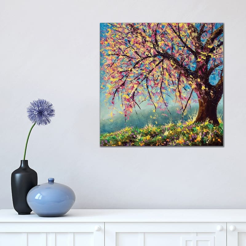 iCanvas "Blooming Sakura Cherry Tree On Mountainside Painting" by Valery Rybakow Canvas Print - 18x18x1.5