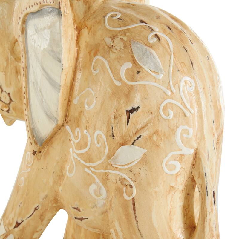 Light Brown Wood Handmade Elephant Decorative Sculpture with Scroll and Floral Patterns (Set of 3)