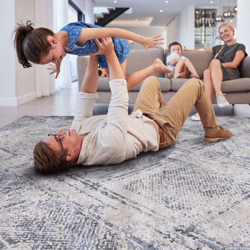 LOOM & LUXE Collection 2X3 Blue/Grey/Geometric Non-Shedding Area Rug - 36" D x 24" W x 0.28" H