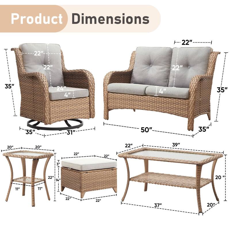 Pocassy Outdoor Sofa Swivel Chairs Table Ottoman 4 Inch Set