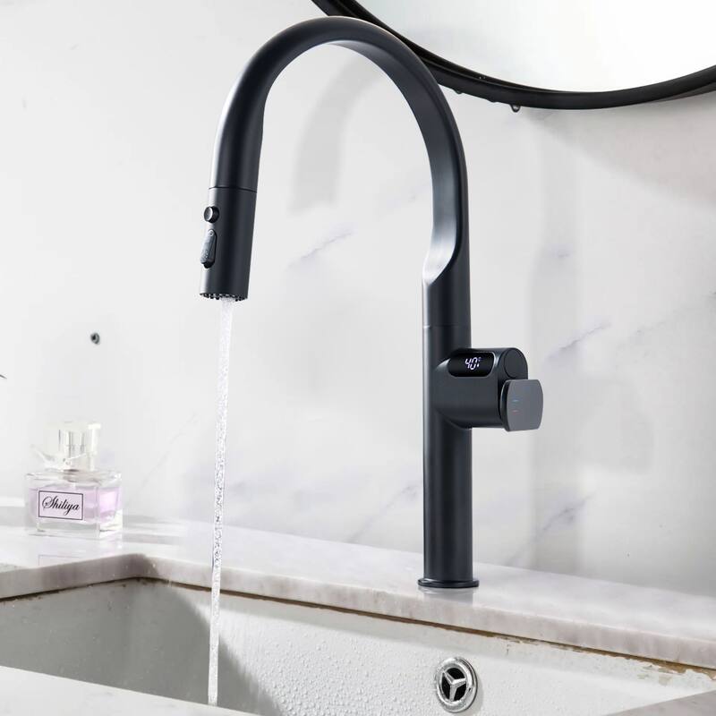 18''H 3-mode Temperature Display Kitchen Faucet with Pull Sown Sprayer in Black/Gold