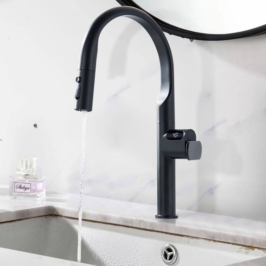 18''H 3-mode Temperature Display Kitchen Faucet with Pull Sown Sprayer in Black/Gold