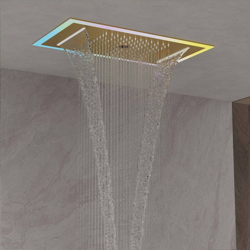 GRANDJOY Thermostatic Triple-Function LED Rain and Waterfall Shower System with Handheld and Built-In Music