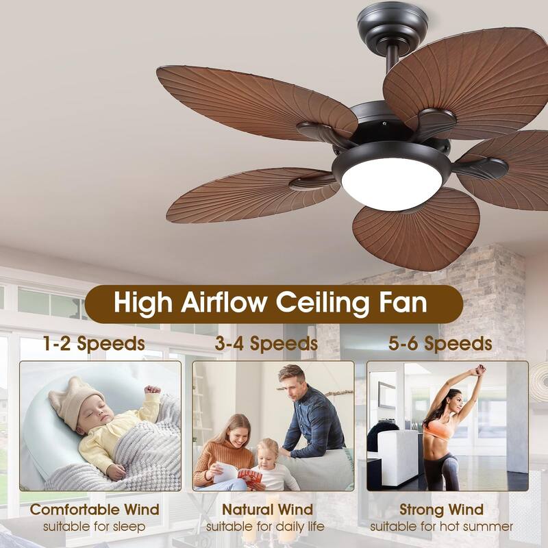 44"/52" Palm Leaf Tropical Ceiling Fan with Light,Indoor and Outdoor Ceiling Fan,Waterproof