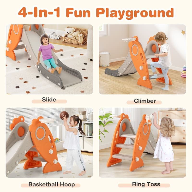 4 in 1 Indoor Slide for Kids Age 3+ Years with Basketball Hoop and Rings-Orange - Multi