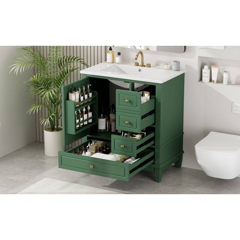 Green 30-Inch Freestanding Vanity with Ceramic Sink, 3 Drawers, Door Shelf, and Gold Knobs