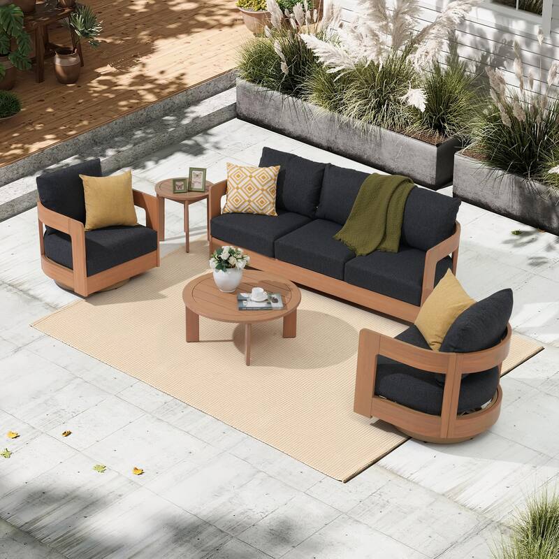 Outdoor 5-Piece Conversation Set Sofa and Swivel Chair with Coffee Table in Eucalyptus Wood