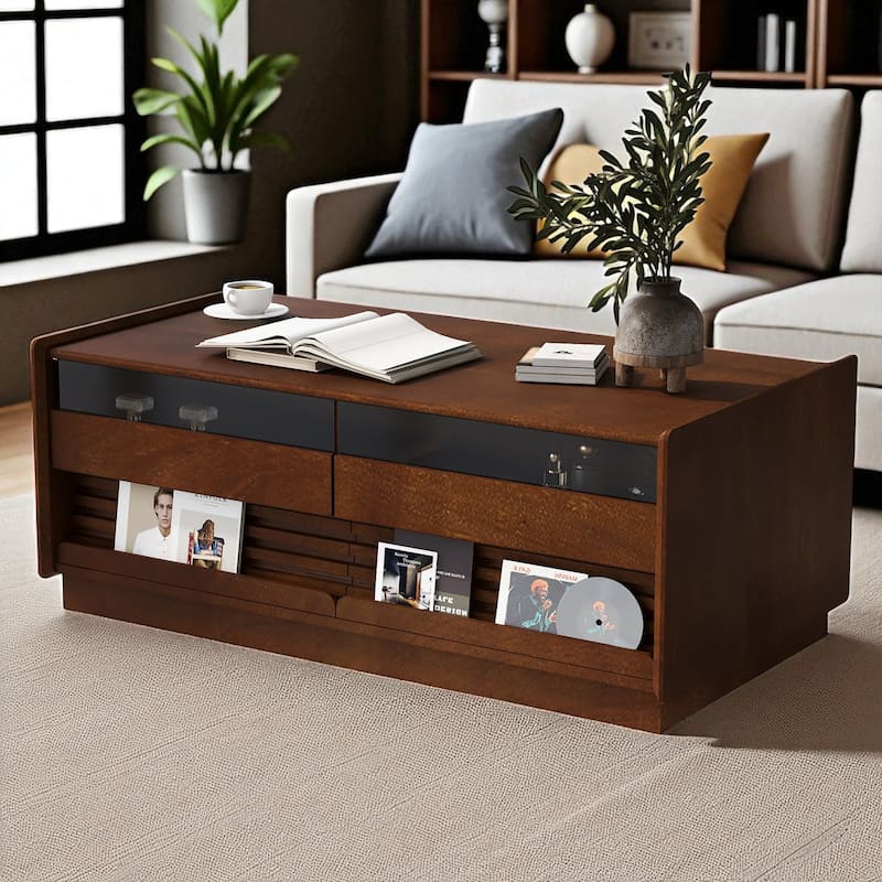 47.2" Modern Rectangular Coffee Table with 4 Storage Drawers, 2 Display Shelves and Tempered Glass Fronts - Brown