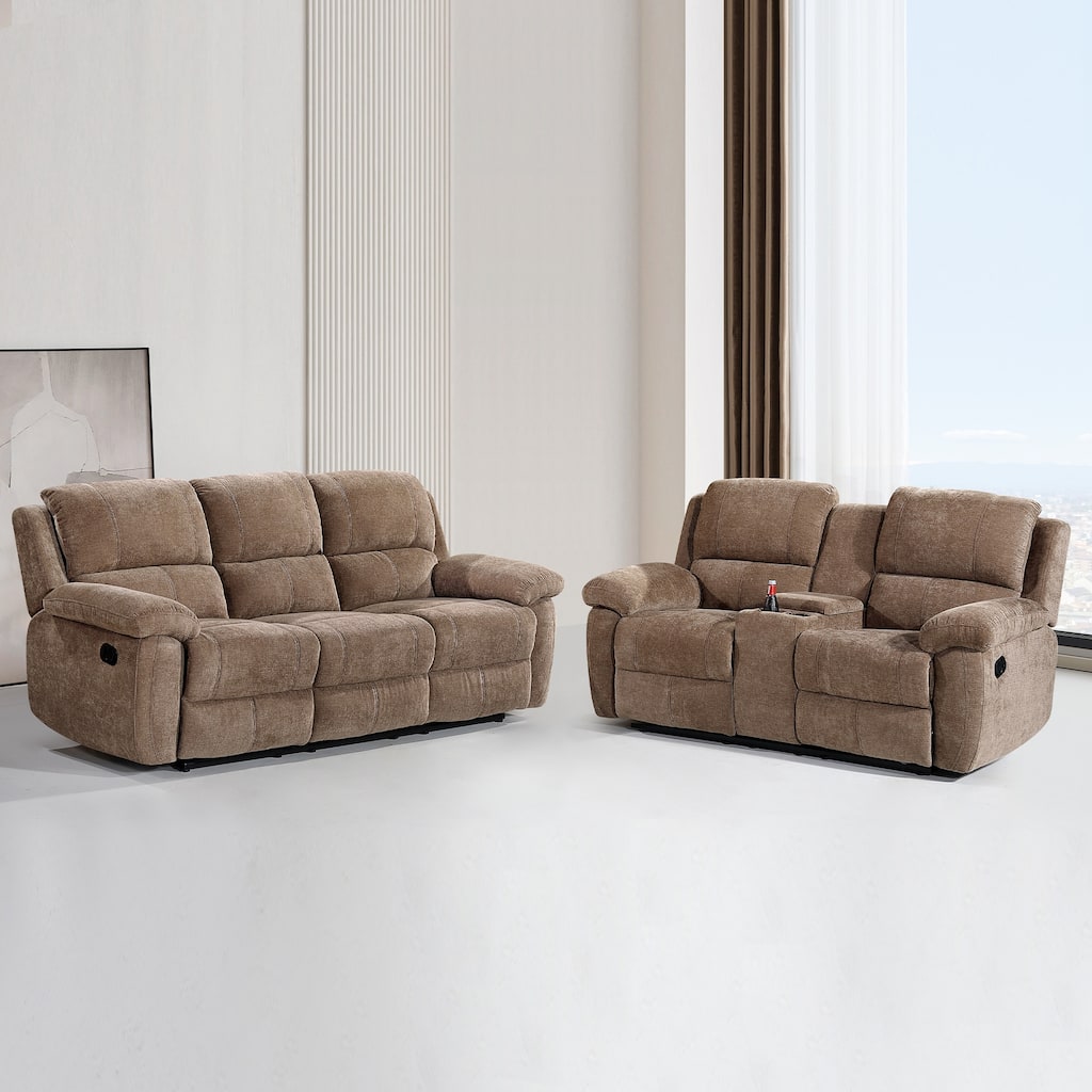 2PC Modern Fabric Manual Recliner Sofa Set, Couch, Loveseat w/Console