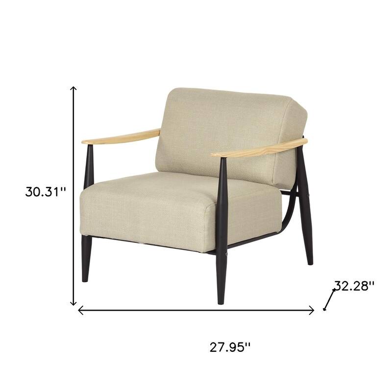 HomeRoots 28" Beige Black and Natural Upholstered Cushion and Solid Wood Arm Chair - 28.15 in. x 30.31 in. x 32.28 in.
