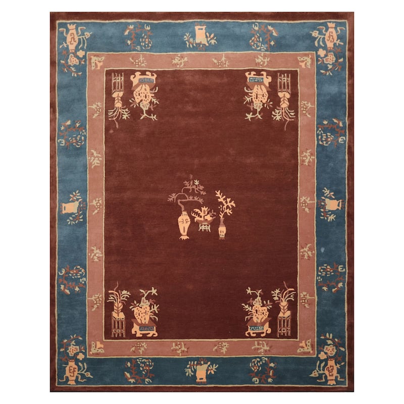 Hand Tufted LoomBloom Brown Oriental Area Rug Multi Sizes Featuring Vase Transitional Chinese Art Deco in New Zealand Wool