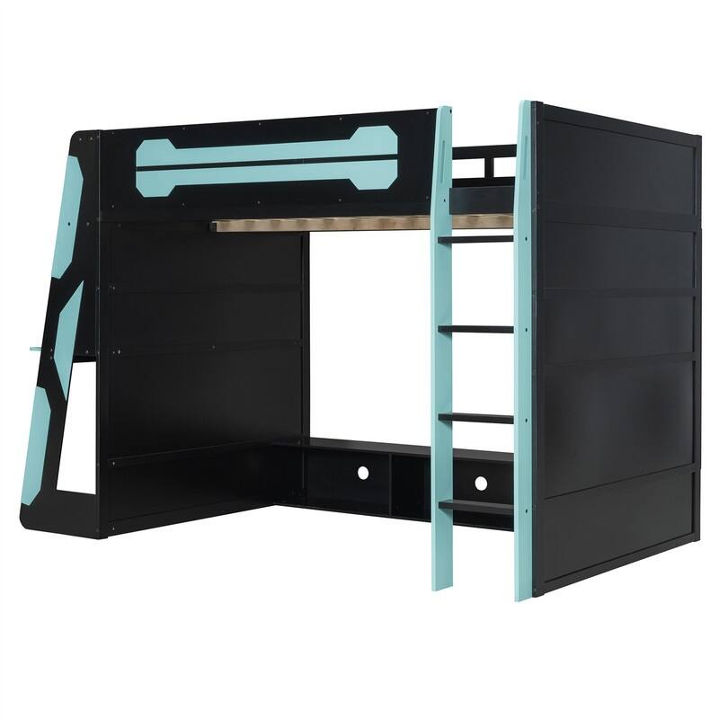 Full Size Loft Bed with Bulit-in Desk and RGB Light, Wooden Loft Bedframe w/ Multi-storage Shelves & Ladder, Kids Playhouse Bed