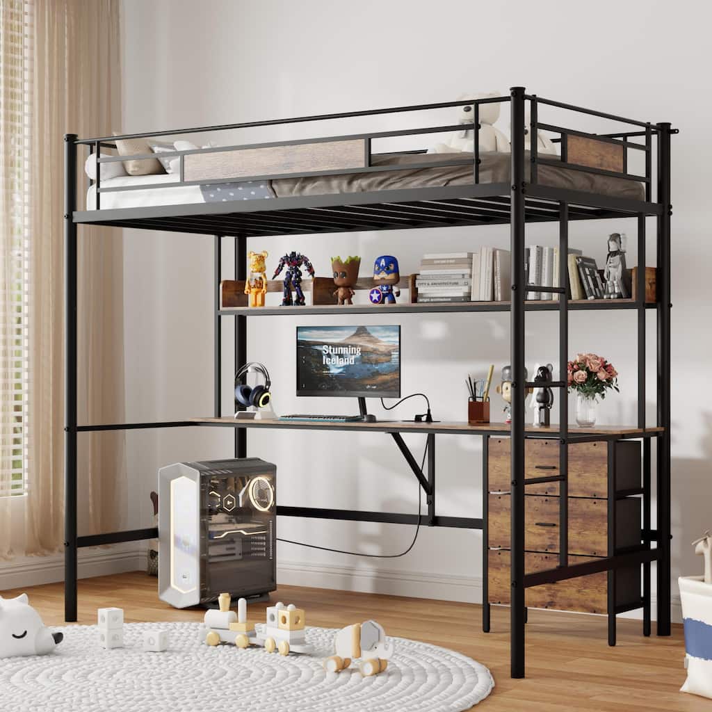 Twin Size Metal Loft Bed with Desk, Heavy Duty Metal High Loftbed Frame, Built In Wood Desk with Charging Station and 3 Drawers
