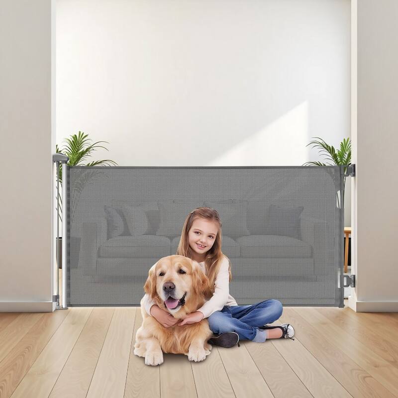 Retractable Baby Gate with Escape-Proof Bottom Hook and Mesh Design for Kids and Pets Safety