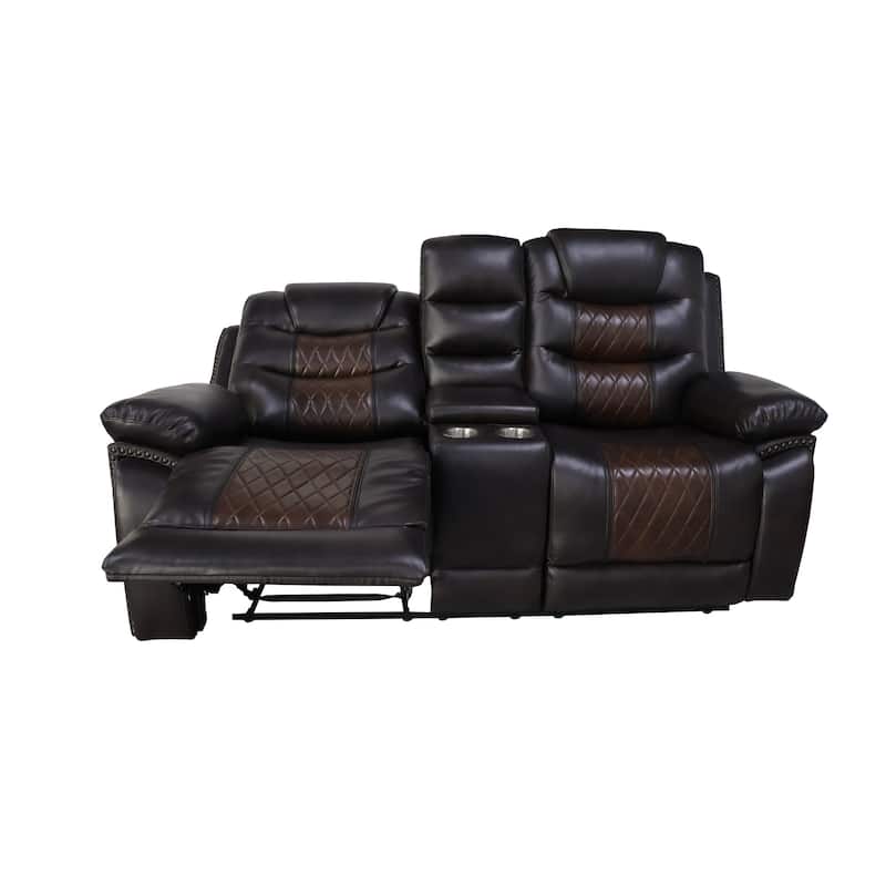 Asher 74 Inch Loveseat with Power Recliners, Console, Brown Faux Leather