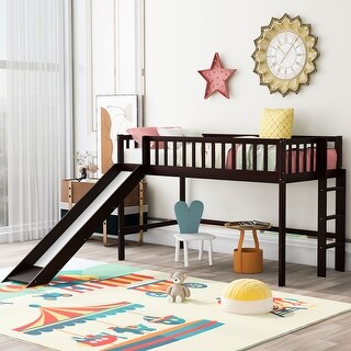 Pine Wood Twin Size Low Loft Bed with Ladder and Removable Slide - Bed ...