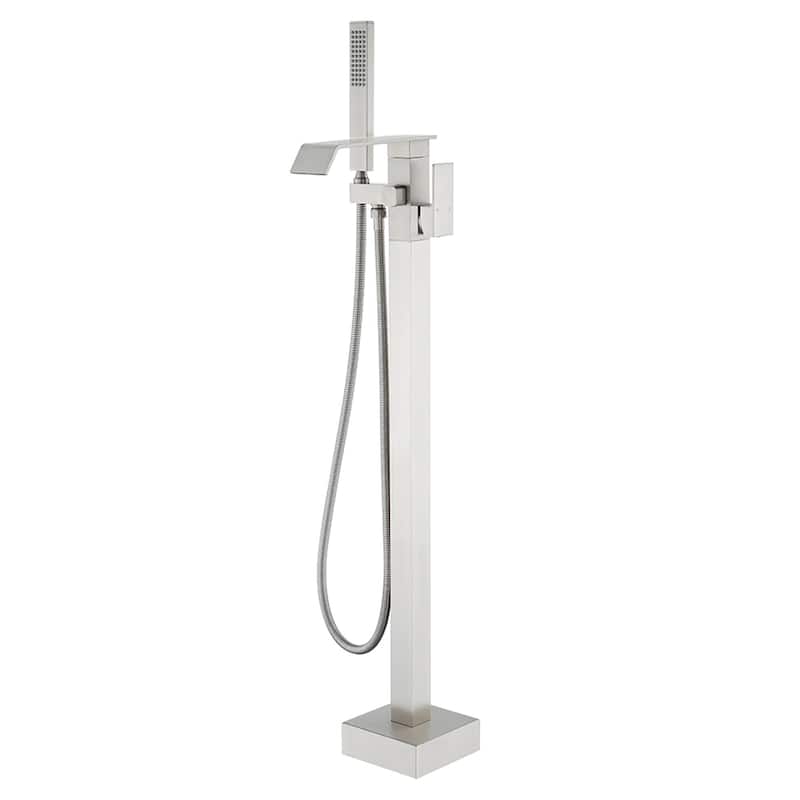 Floor Mount Tub Faucet With Hand Sprayer Freestanding Roman Bathtub Faucet Brass Waterfall Tub Filler Trim With Handheld Showe - Brushed Nickel