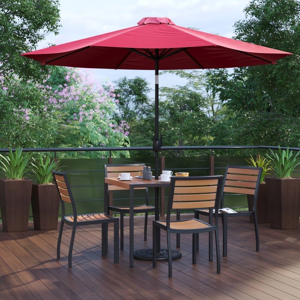 Faux Teak Patio Table, 4 Chairs & 9FT Patio Umbrella with Base - 35.25"W x 35.25"D x 29.5"H