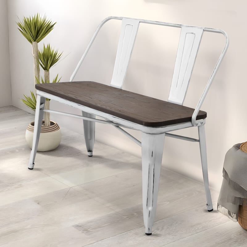 EROMMY Farmhouse-Inspired Dining Bench with Back, Industrial Metal Bench for Entryway, Wooden Seat, Accommodates 3 People,White - White