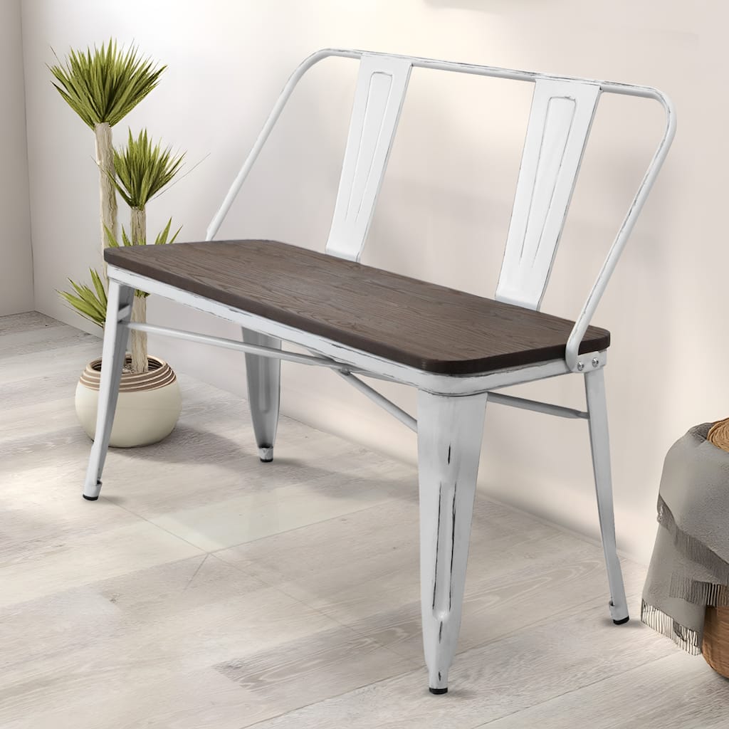 EROMMY Farmhouse-Inspired Dining Bench with Back, Industrial Metal Bench for Entryway, Wooden Seat, Accommodates 3 People,White