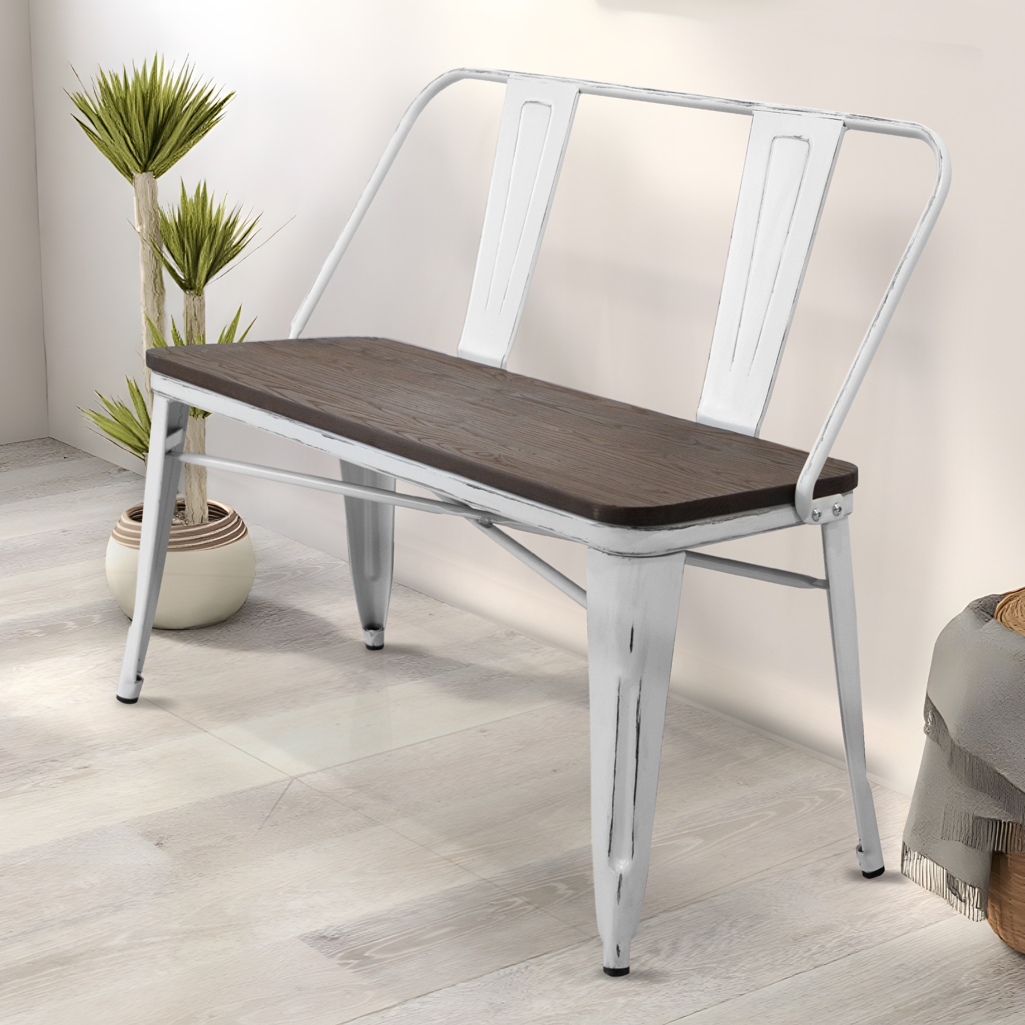 〆1/31 WHITE_WOOD_BENCH #3 EROMMY Farmhouse-Inspired Dining Bench with Back, Industrial Metal