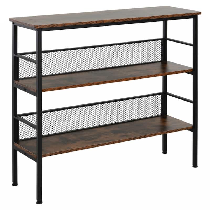 3-Tier Console Table Industrial Style Storage Metal Wooden Shelf with a Robust Multi-Functional Design & Adjustable Feet, Black - Rustic Brown