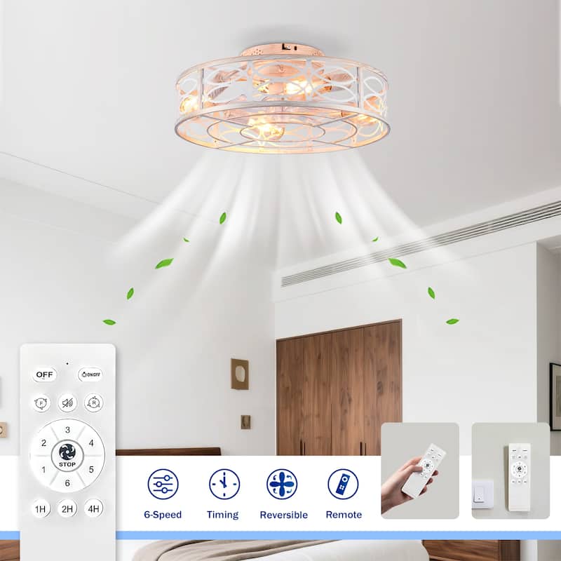 20" Caged Ceiling Fans with Lights,Bladeless Ceiling Fan 6 Speed Reversible with Remote Control,Flush Mount Caged Ceiling Fan