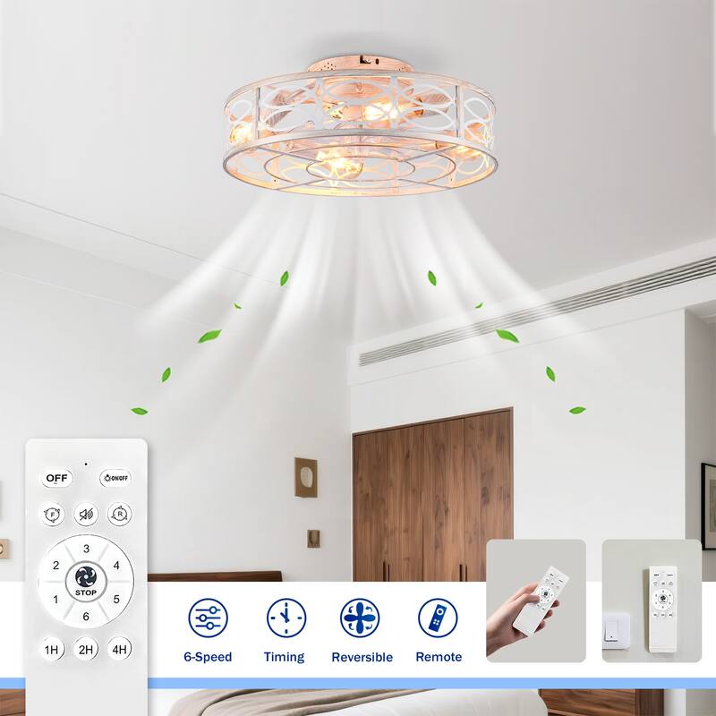 20 inch Flush Mount Ceiling Fan Light with Remote Caged Farmhouse Fandelier Black Wood Low Profile