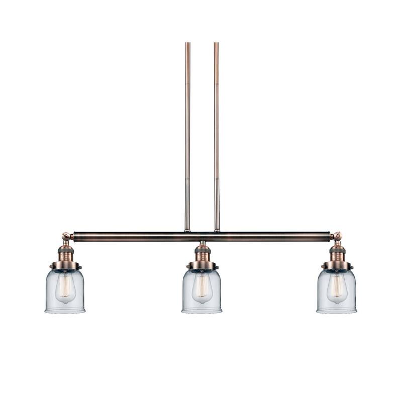 Innovations Lighting Small Bell 3 Light 38" Wide Linear Chandelier - Antique Copper / Clear