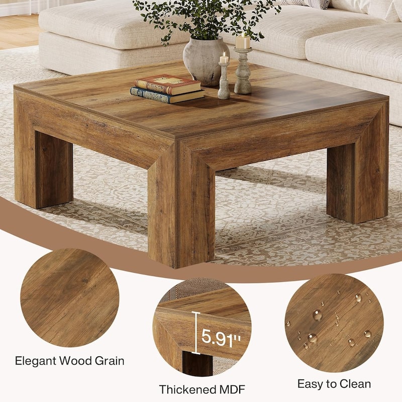 39.4-Inch Square Coffee Table for Living Room, Farmhouse All Wooden Center Table
