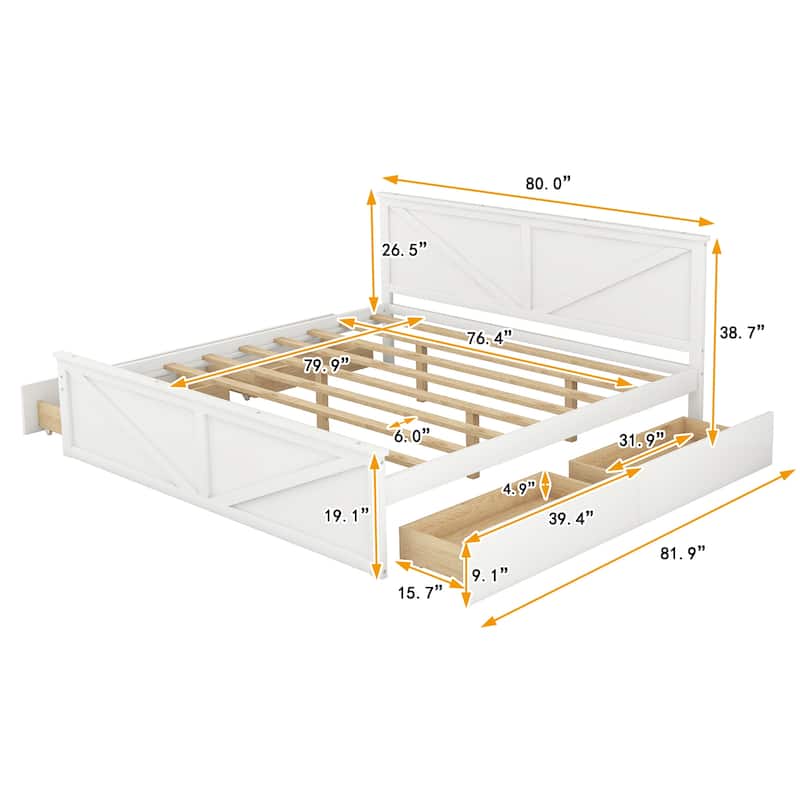 King Size Platform Bed with Four Storage Drawers and Support Legs