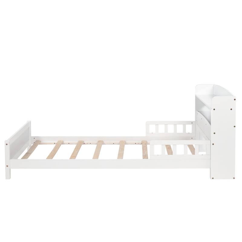 Twin Size Pine Bed w/ Bookcase Headboard ,LED Sensor Light, Guardrails