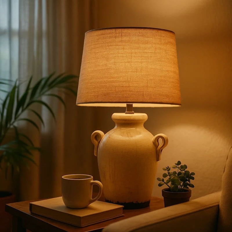 Ceramic Table Lamp with Vase Shaped Body and Fabric Shade, White and Beige
