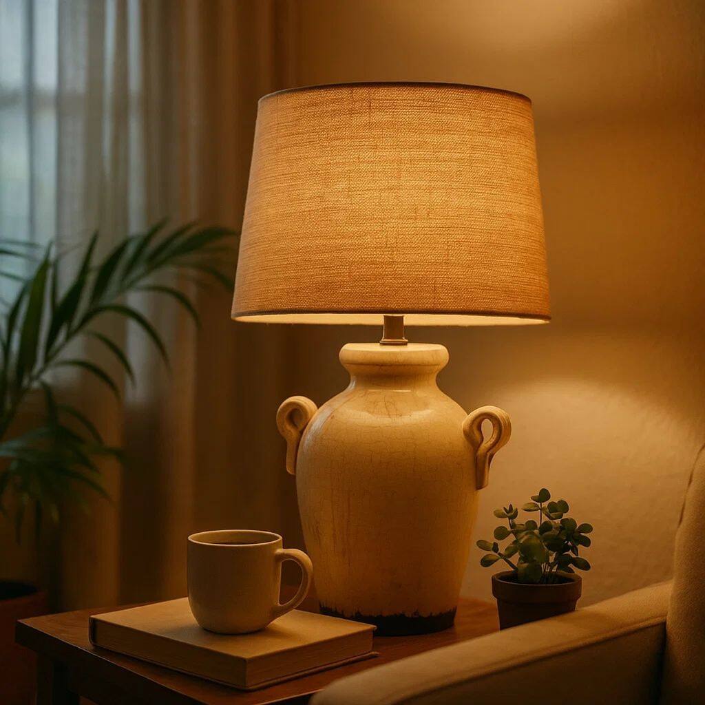 Ceramic Table Lamp with Vase Shaped Body and Fabric Shade, White and Beige