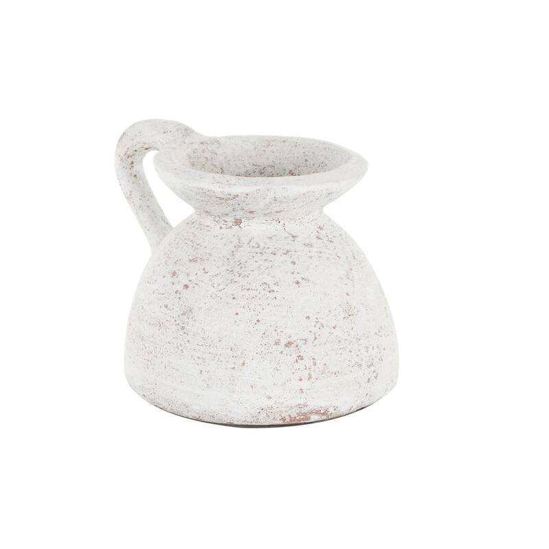 Cream Ceramic Antique Style Textured Pot Decorative Vase with Handle
