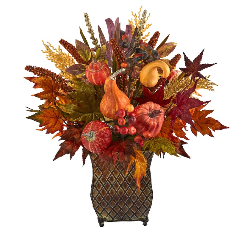 21" Pumpkin, Maple Leaf and Sorghum Harvest Arrangement in Planter