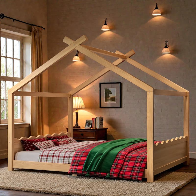 Kids Solid Wood House Floor Bed with Support Slats, Montessori Low Profile Bed, No Box Spring Needed