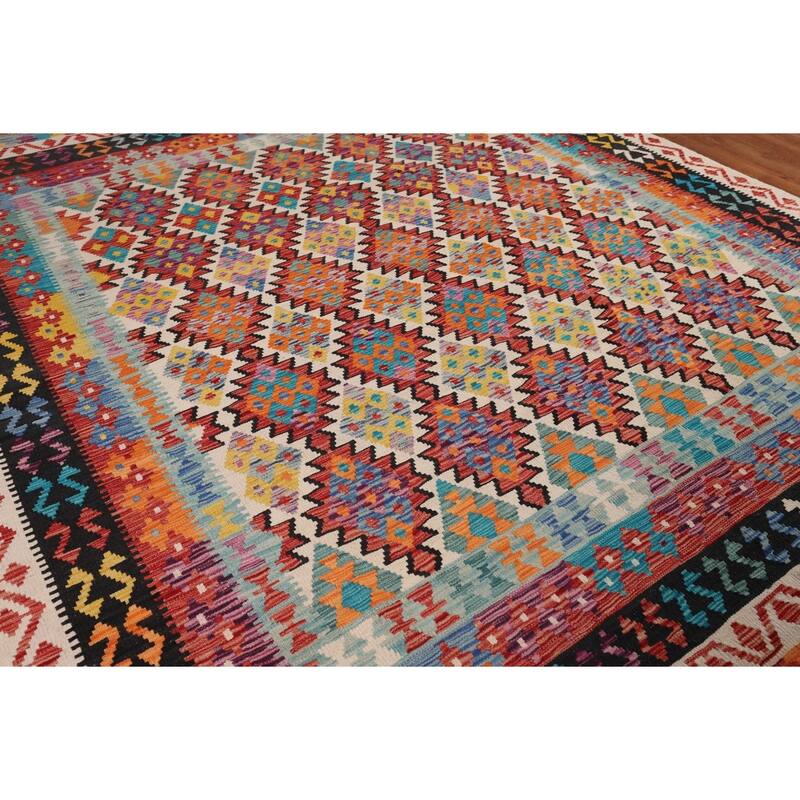 Southwestern Style Geometric Kilim Area Rug Hand-Woven Wool Carpet - 8'4" x 9'9"