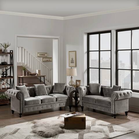 2 Pieces Chesterfield Sofa Set Button Tufted Velvet Upholstered Low Back Loveseat & 3 Seat Sofa Roll Arm Classic