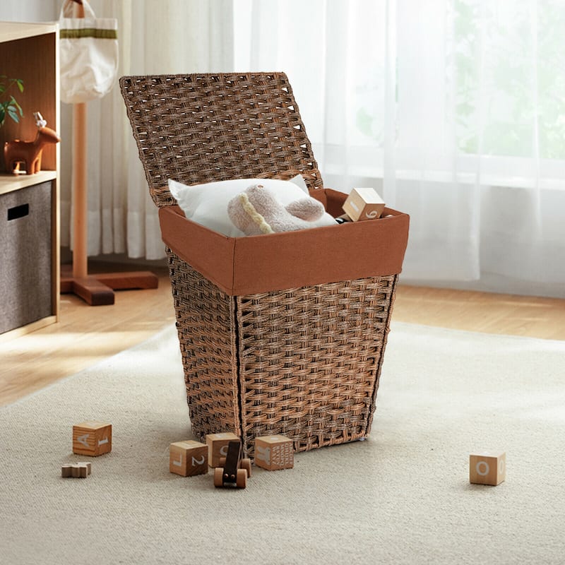 Gymax Handwoven Laundry Hamper Foldable w/Removable Liner, Lid & - 17.5'' X 12'' X 21''