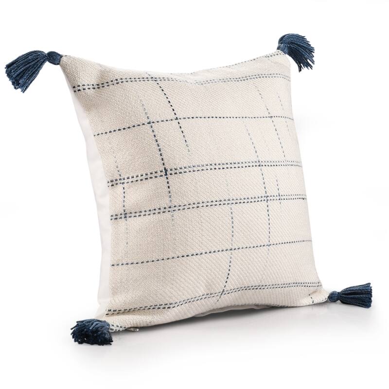 Sevita Hand-Woven Medium Ivory/Blue Geometric Polyester Indoor/Outdoor Throw Pillow