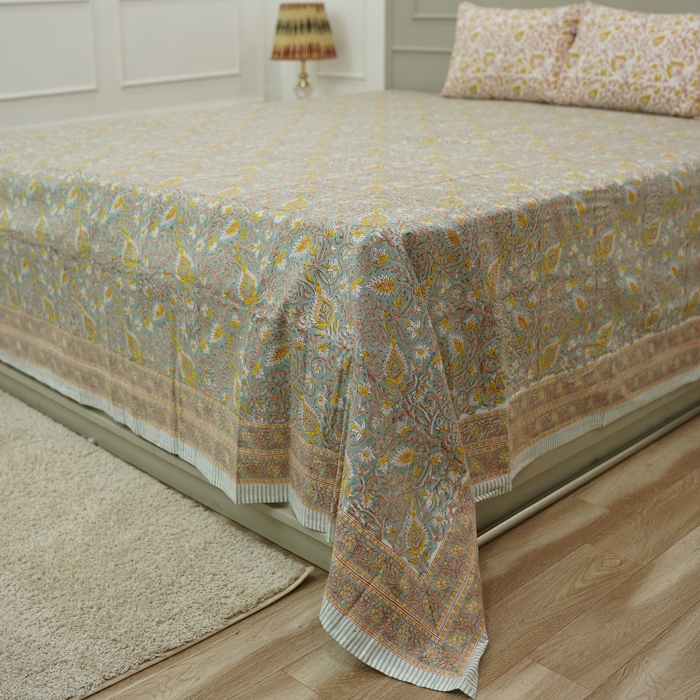 Fabdivine Handmade Block Print Floral Bed Sheet, Pillow Cover Gift Cotton Fabric Home Décor