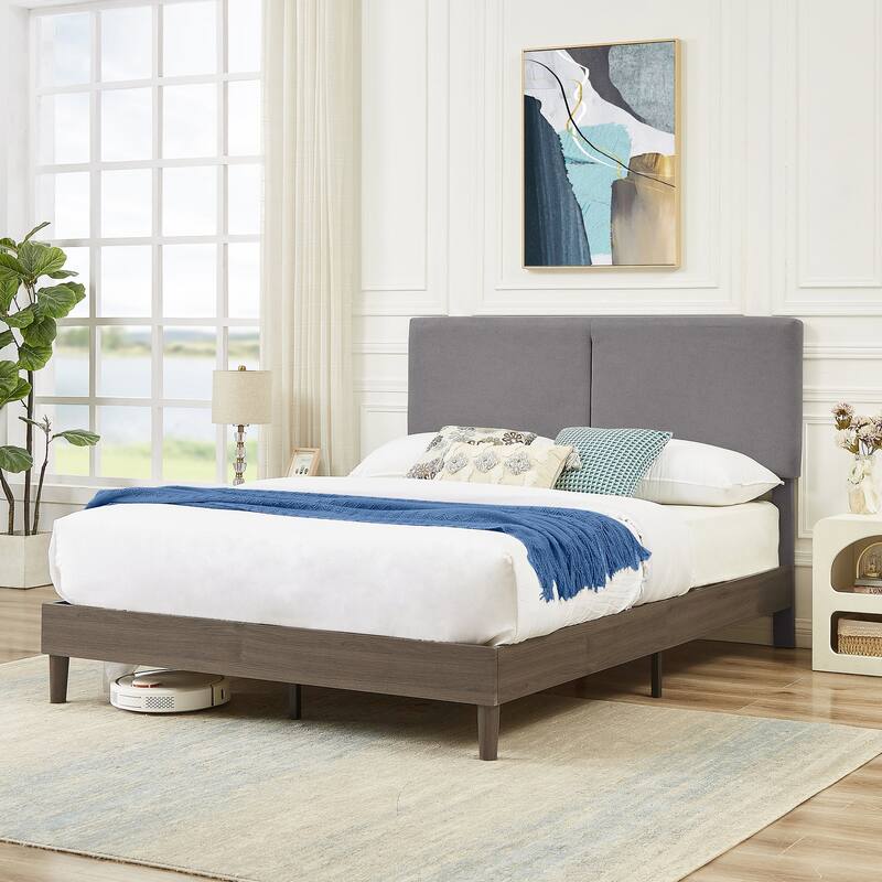 Javlergo Upholstered Bed Frame with Linen Fabric Adjustable Headboard, Strong Wood Slats Supports, No Box Spring Needed