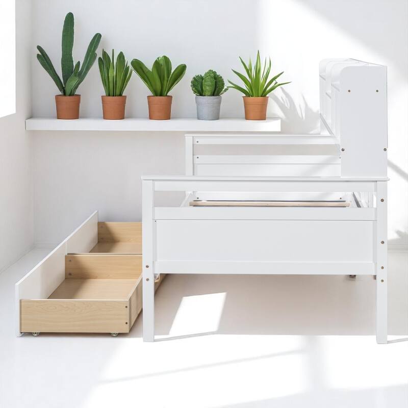 Wooden Twin/Full Daybed with 2 Storage Drawers and Bedside Shelves, No Box Spring Needed, Modern Design