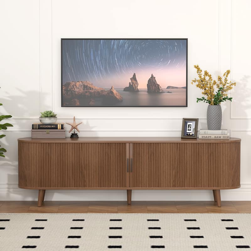 Gymojoy 71" Mid-Century Modern TV Stand, Walnut Media Console with Sliding Doors, Entertainment Center for TVs up to 80". - Walnut. - 71"W.