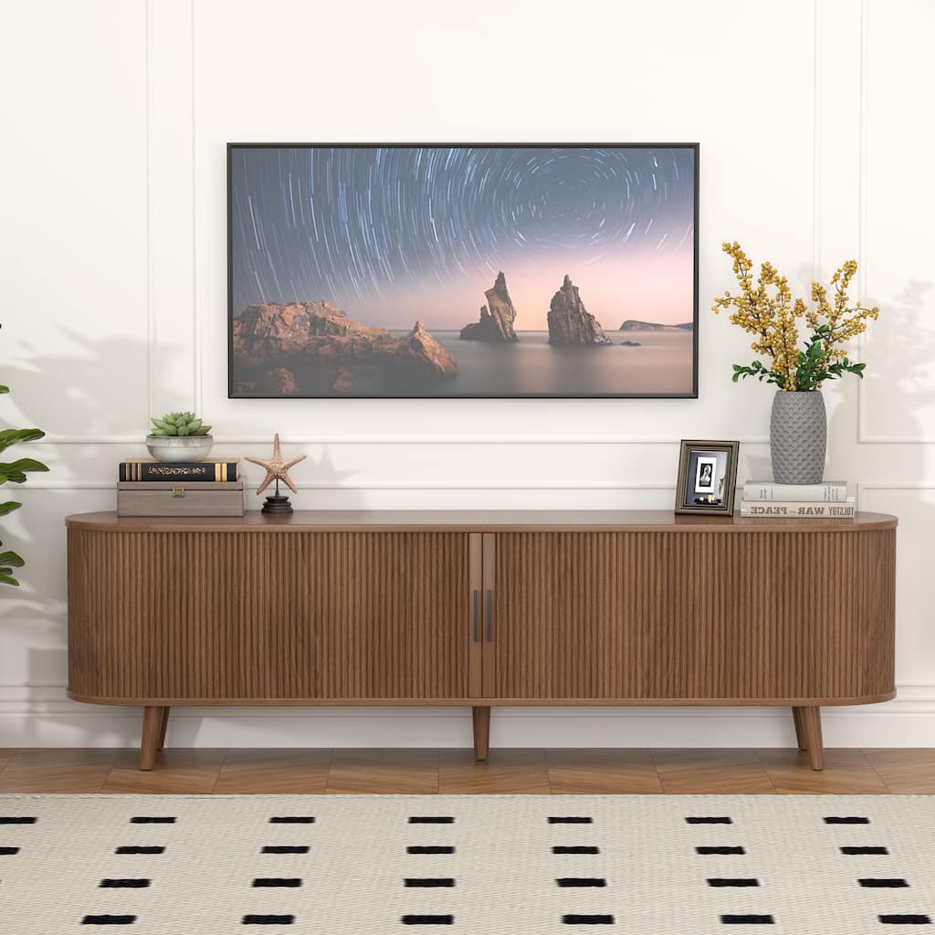 Gymojoy 71" Mid-Century Modern TV Stand, Walnut Media Console with Sliding Doors, Entertainment Center for TVs up to 80".