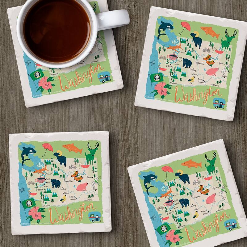 Washington Home 4-Pack Absorbent Stone Coasters with Protective Cork Backing 4" Square Made in The USA Easily Wipes Clean